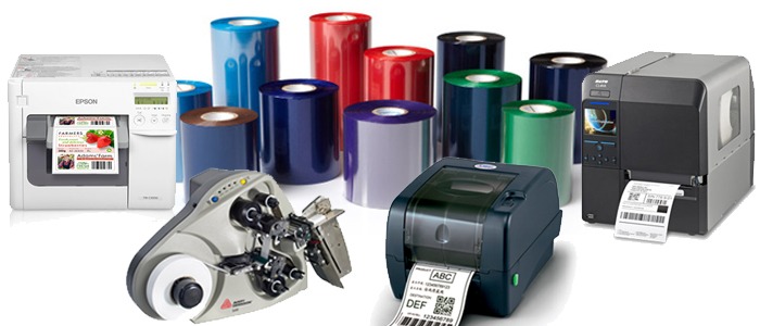 Collage of thermal transfer printers and ribbons